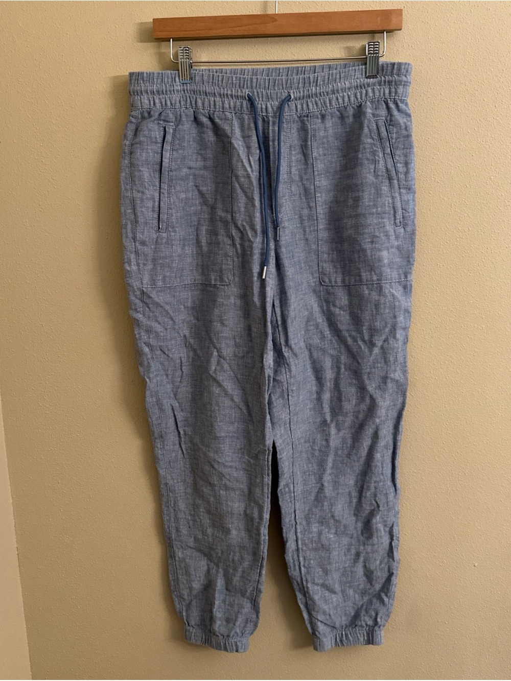 Athleta Retreat Women Blue Linen Jogger Pants Drawstring Waist Sz 6 Fits 29"